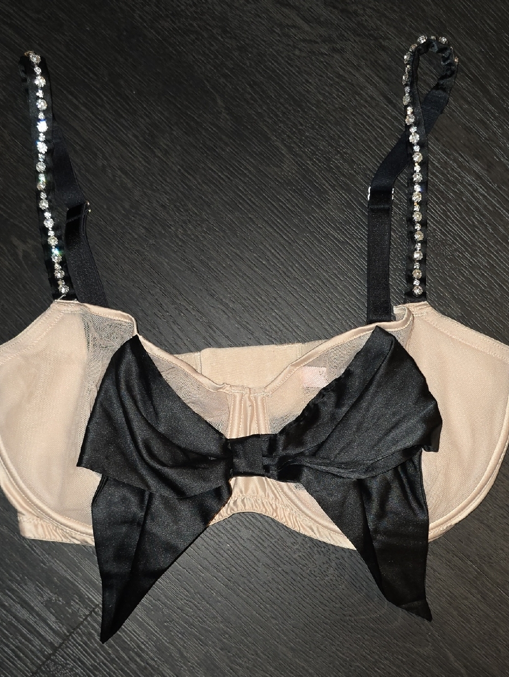 Victoria's Secret Nude and Black Bow Bralette with Rhinestone Straps